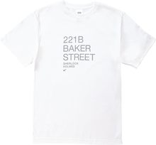 Tシャツ シャーロック・ホームズ 221B BAKER STREET ホワイト・シルバー M